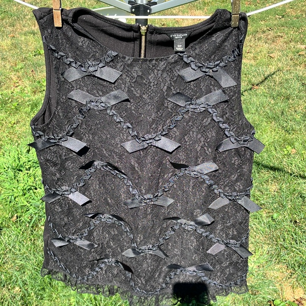 Ann Taylor Black Lace Blouse with Bow Accents